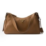 PRADA Aimee enamel metal triangular logo zipper opening and closing hand-held shoulder bag, medium-sized women\'s caramel brown